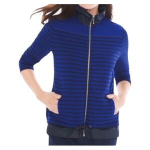 ❤️Chico's Zenergy Deep Navy Stripe  Zip Front Jacket‎ faux leather look trim New